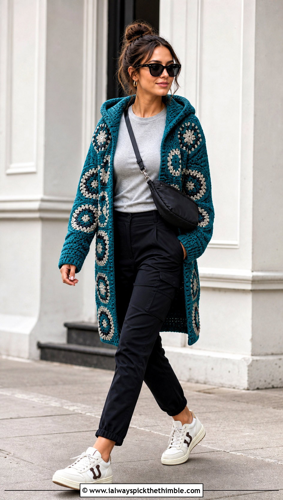 Hooded Hexagon Granny Square Cardigan With Cargo Pants - 25 hexagon granny square cardigan outfit ideas