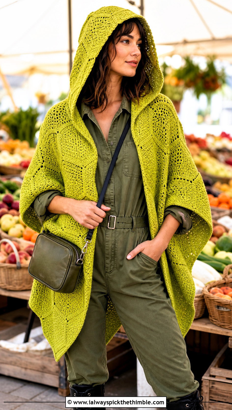 Hooded Hexagon Shawl With Utility Jumpsuit - 20 Crochet Hexagon Shawl outfit ideas