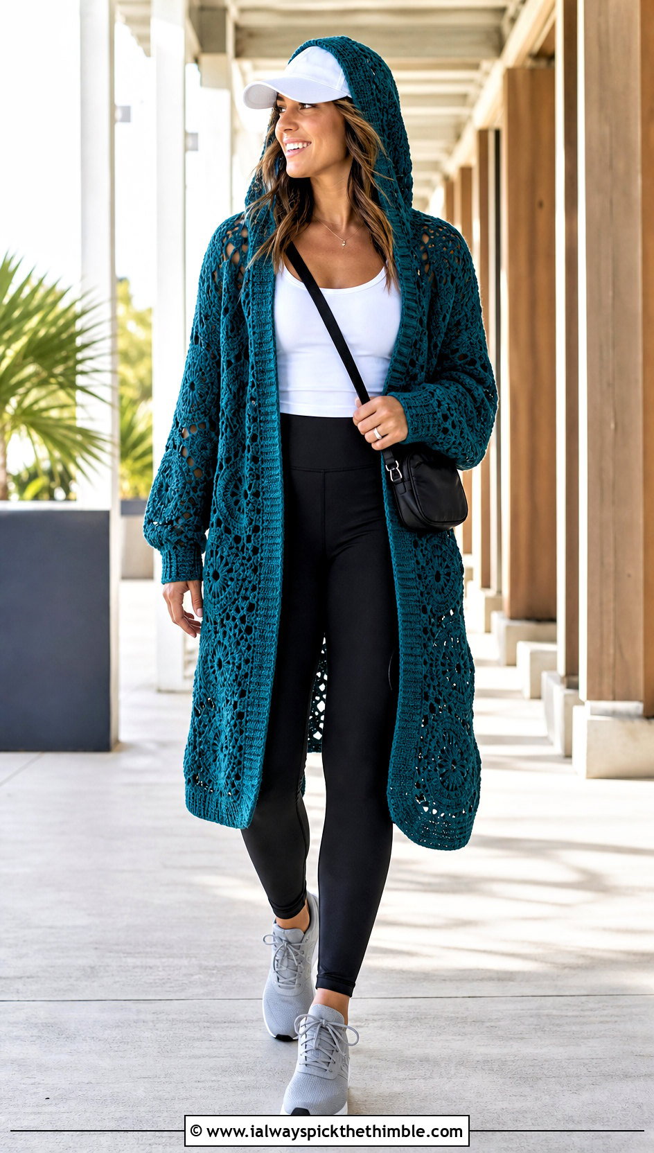 Hooded Hexi Cardigan With Leggings And Sneakers - 25 crochet hexi cardigan outfit ideas