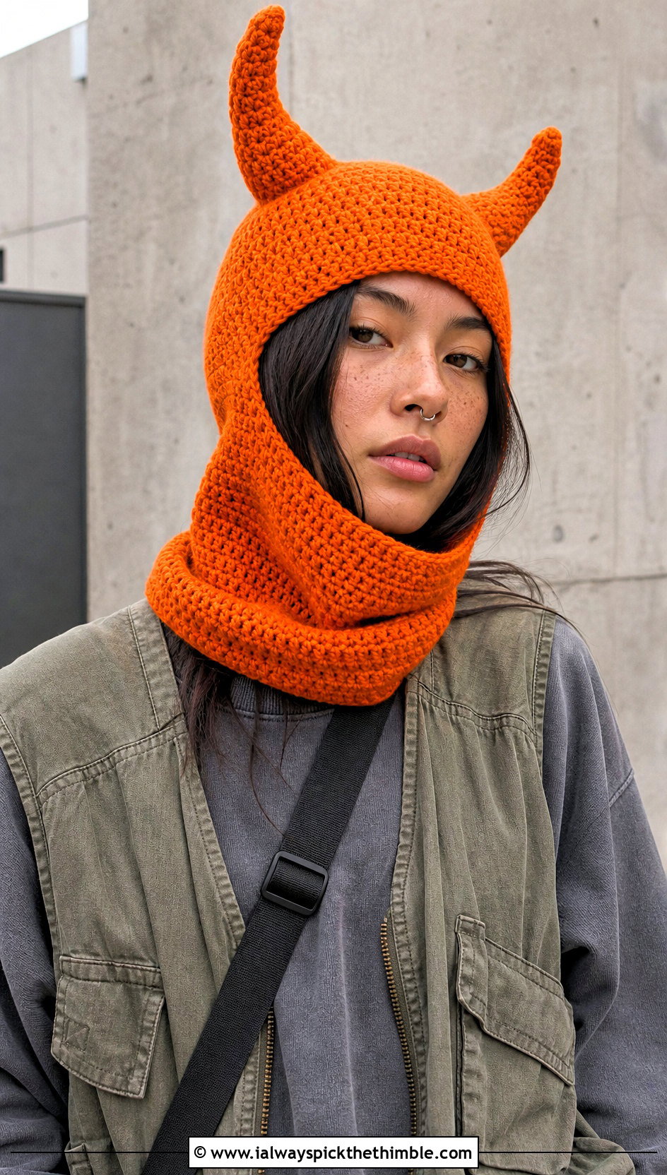 Hooded Horn Crochet Hat With Cargo Pants - 20 crochet hat with horns outfit ideas