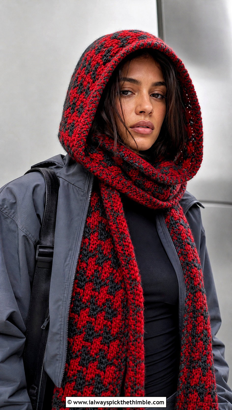 Hooded Houndstooth Crochet Scarf With Cargo Pants - 15 Houndstooth Crochet Scarf outfit ideas