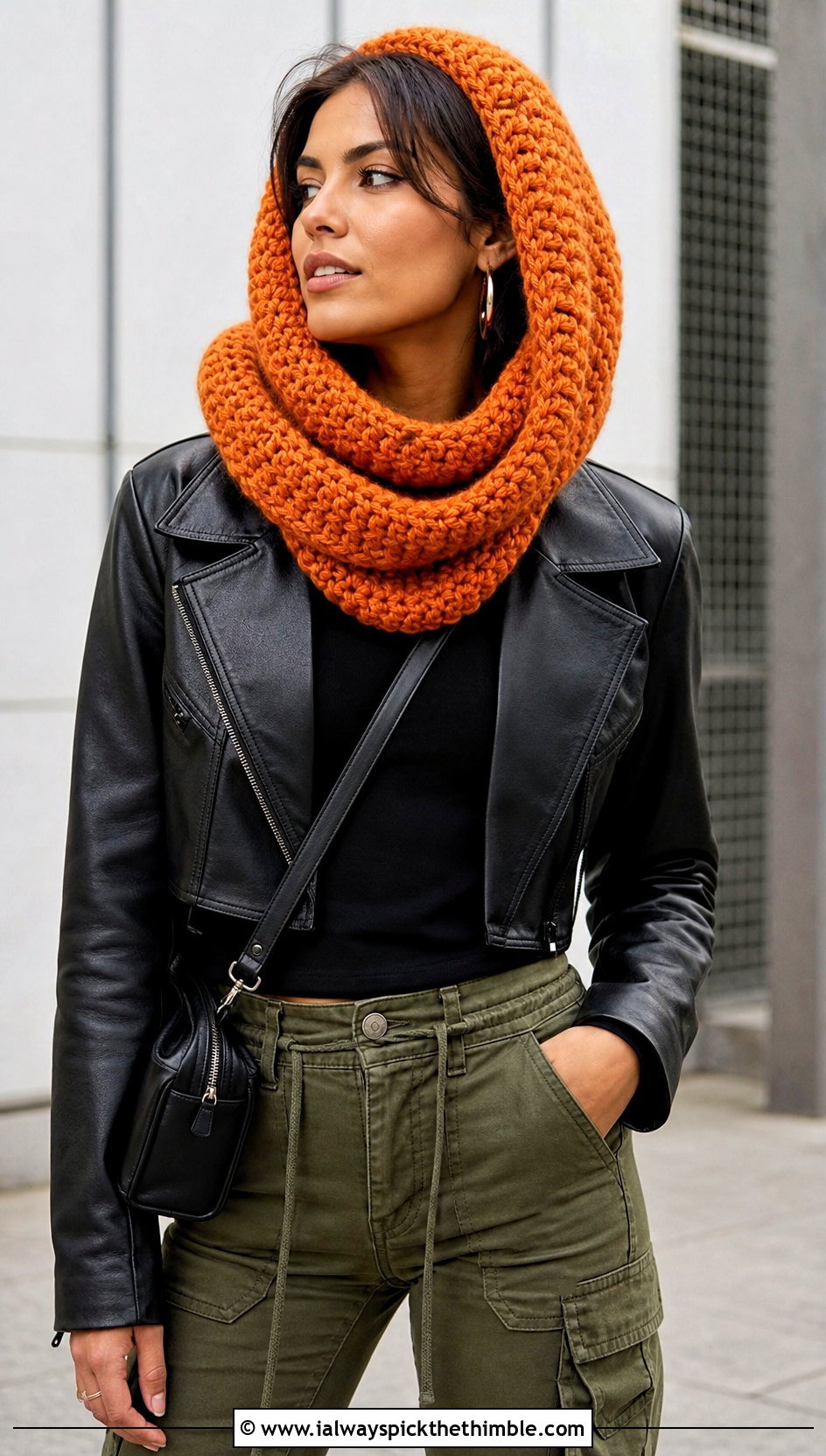 Hooded Infinity Crochet Cowl With Leather Jacket - 20 easy crochet hooded cowl outfit ideas