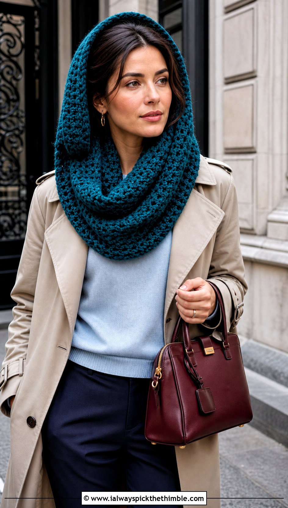 Hooded Infinity Crochet Cowl With Trench Coat - 25 crochet hooded cowl outfit ideas