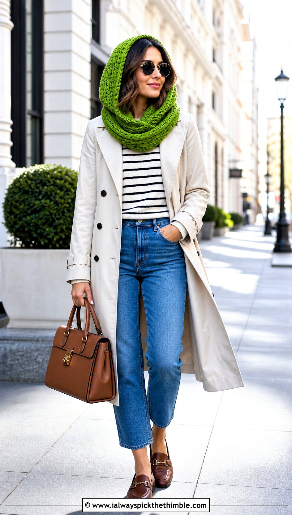Hooded Infinity Scarf With Trench Coat And Cropped Jeans - 20 crochet scarf hood outfit ideas