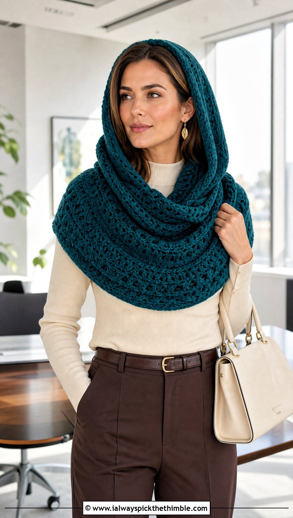 Hooded Infinity Shawl Scarf With Tailored Trousers - 15 crochet infinity scarf with hood outfit ideas