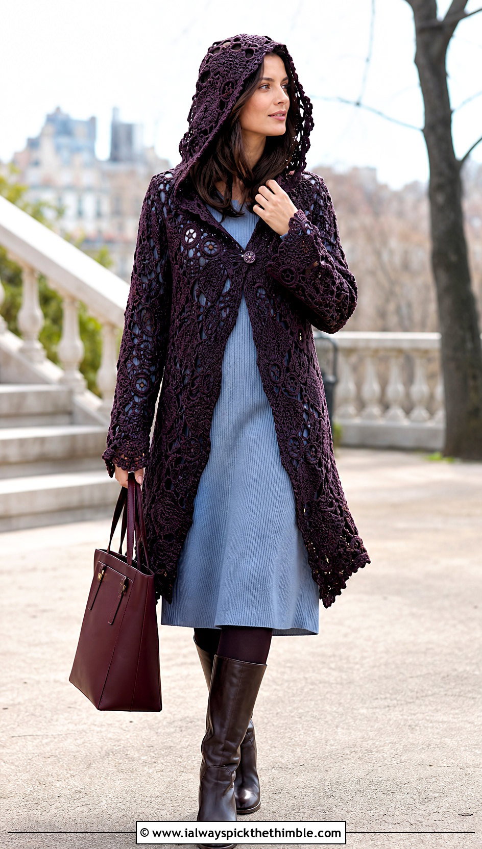 Hooded Irish Lace Jacket With Knit Dress - 15 irish lace crochet jacket outfit ideas