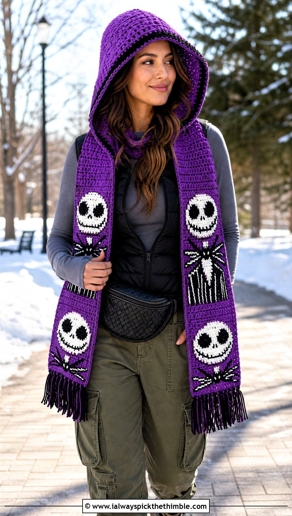 Hooded Jack Skellington Crochet Scarf With Puffer Vest - 20 Crochet Jack Skellington Scarf outfit ideas