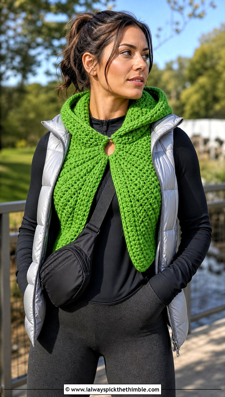 Hooded Keyhole Scarf With Puffer Vest - 15 Crocheted Keyhole Scarf outfit ideas