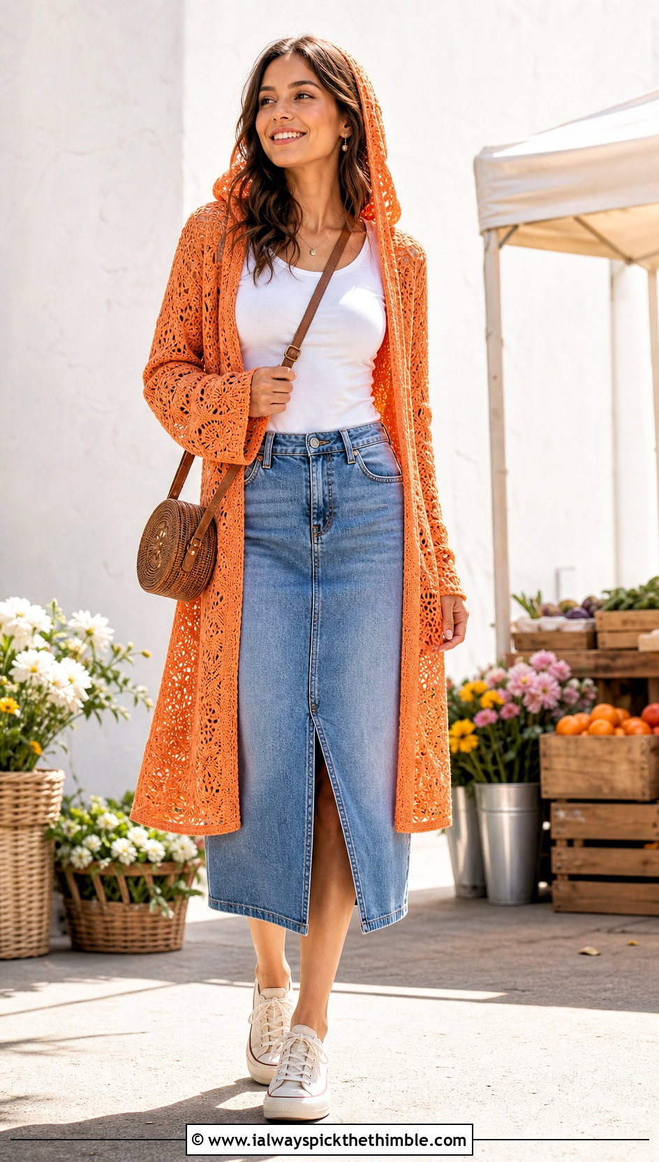 Hooded Lace Crochet Cardigan With Denim Skirt - 20 light crochet cardigan outfit ideas