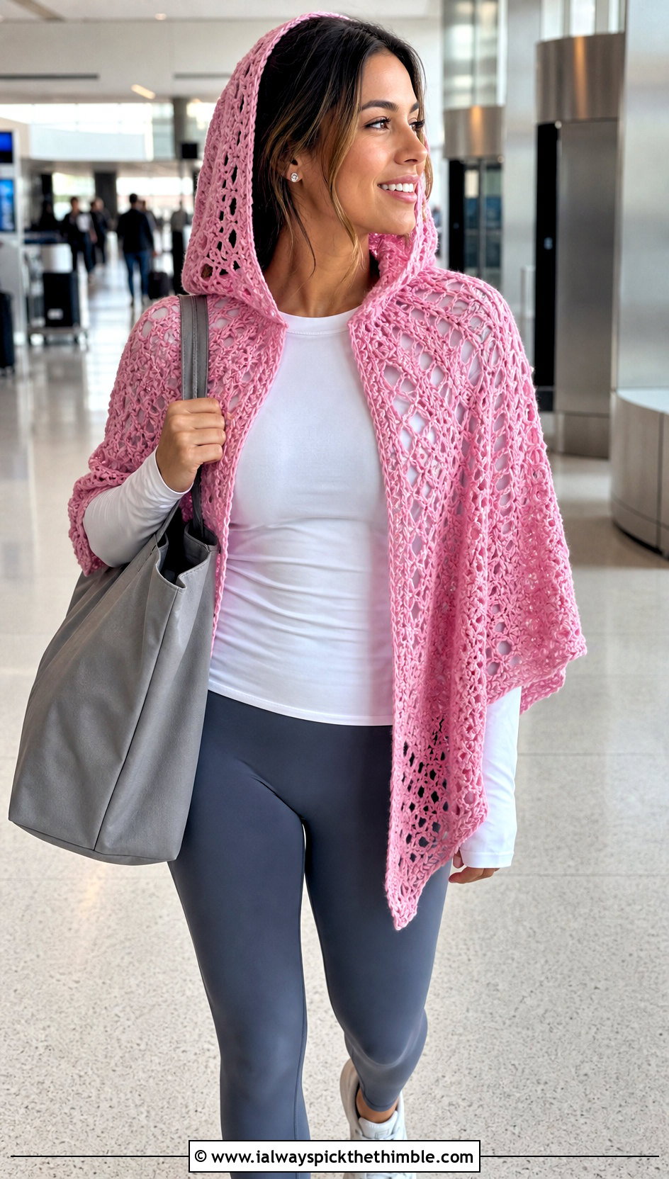 Hooded Lace Crochet Shawl With Leggings And Sneakers - 20 Lacey Crochet Shawls outfit ideas