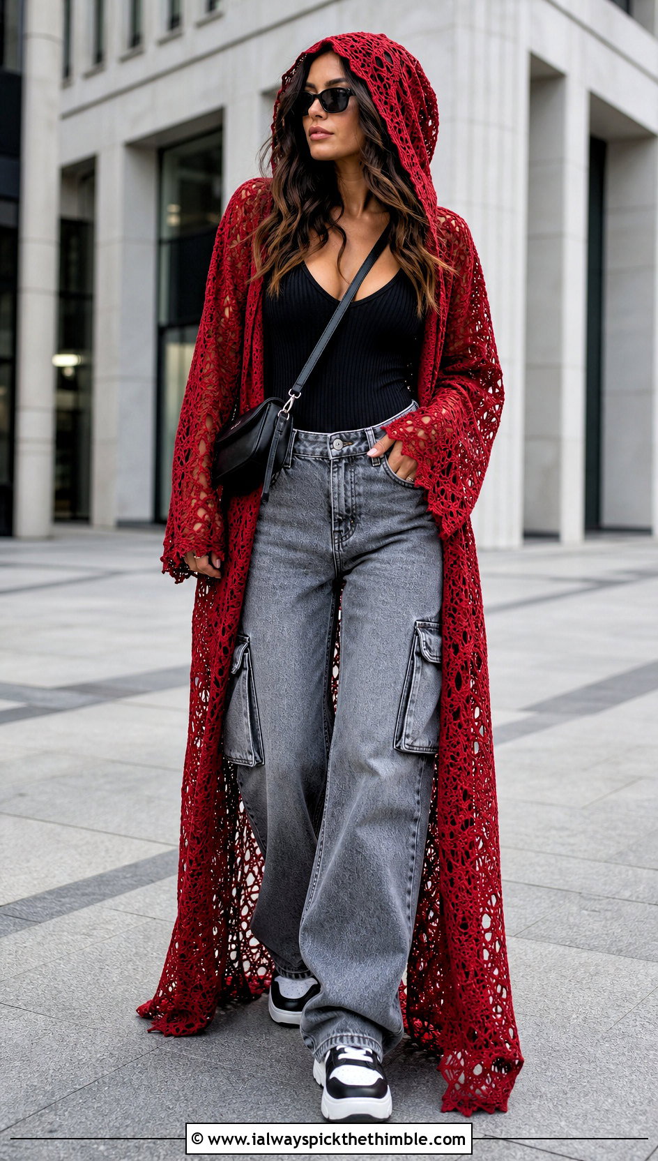 Hooded Lace Duster Cardigan With Cargo Jeans - 15 Lacey Crochet Cardigan outfit ideas