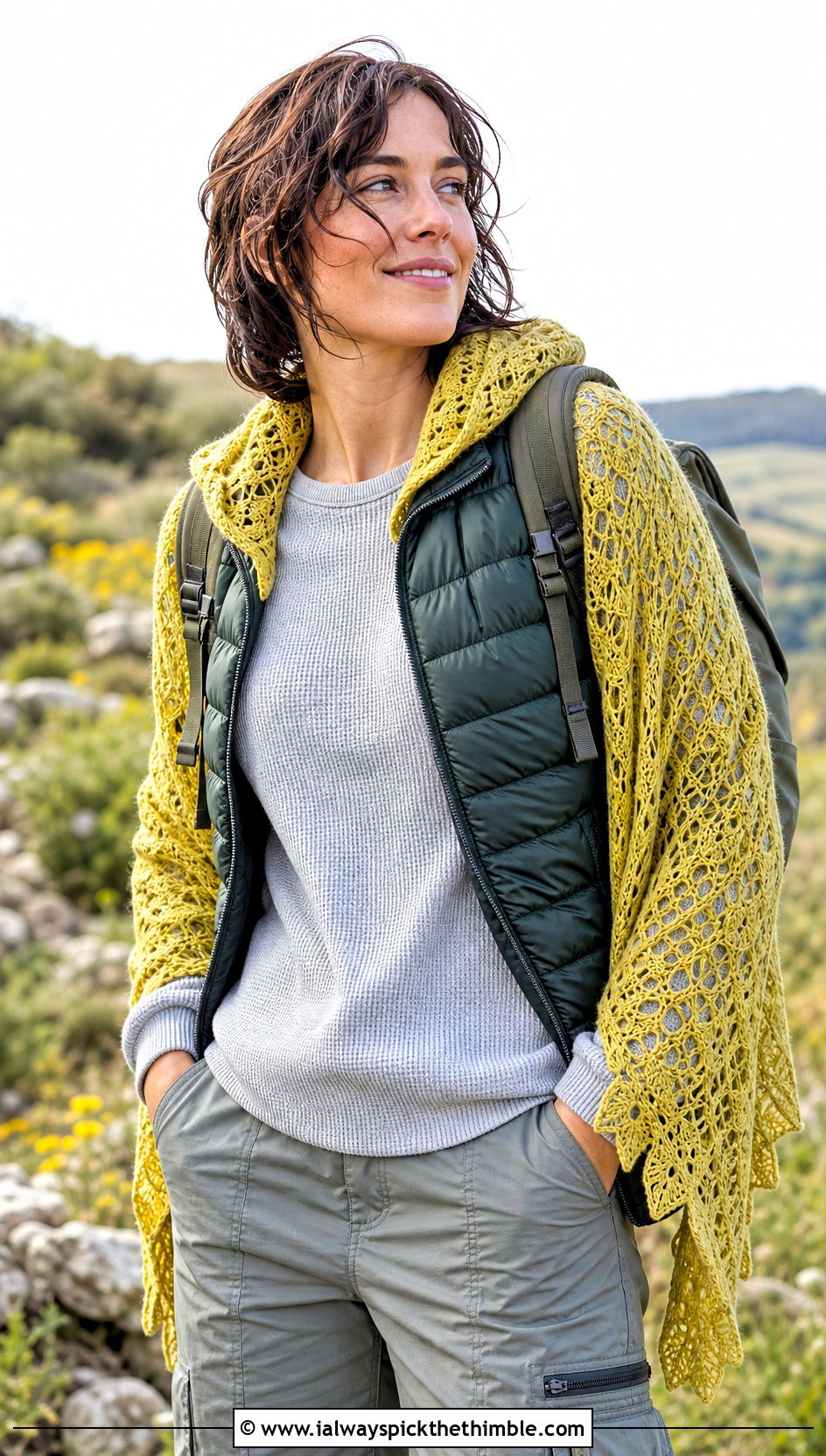 Hooded Lace Shawl With Puffer Vest And Hiking Pants - 25 lacy crochet shawl outfit ideas