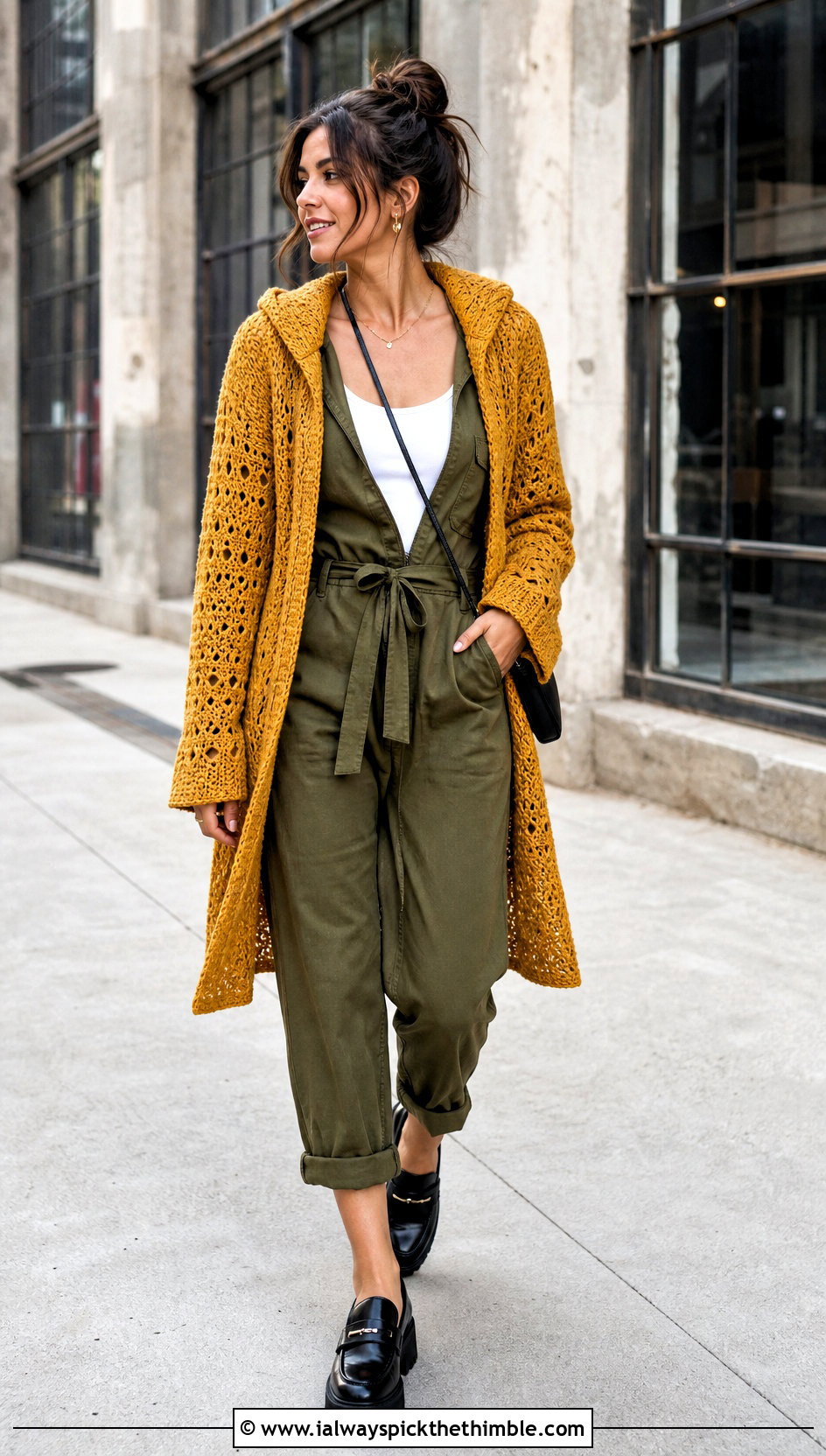 Hooded Lacy Crochet Cardigan With Utility Jumpsuit - 20 Lacy Crochet Cardigan outfit ideas