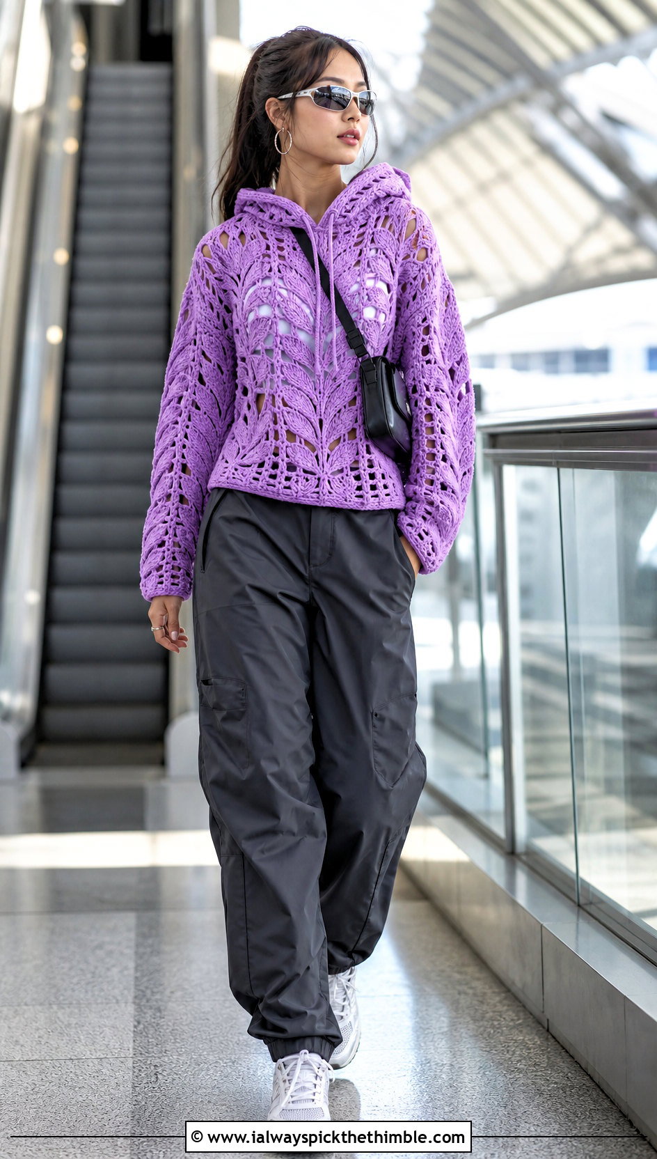 Hooded Leaf Sweater With Parachute Pants - 20 crochet leaf sweater outfit ideas