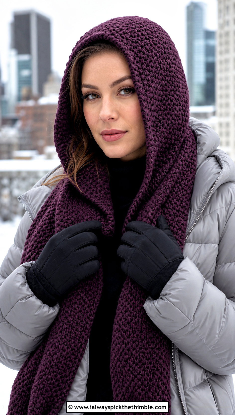 Hooded Lemon Peel Stitch Scarf With Puffer Jacket - 20 Crochet Lemon Peel Stitch Scarf outfit ideas