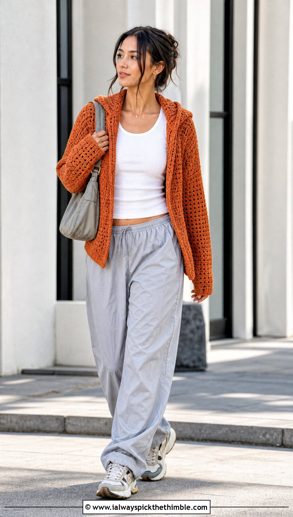 Hooded Lightly Toasted Crochet Cardigan With Parachute Pants - 20 lightly toasted crochet cardigan outfit ideas
