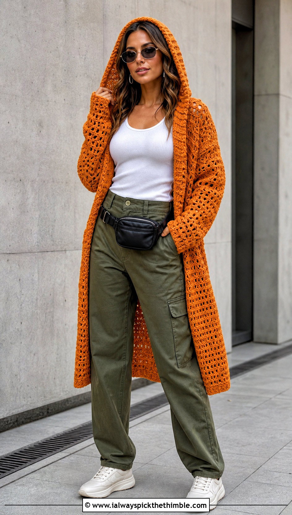 Hooded Long Crochet Cardigan With Cargo Pants - 20 long crochet cardigan outfit ideas