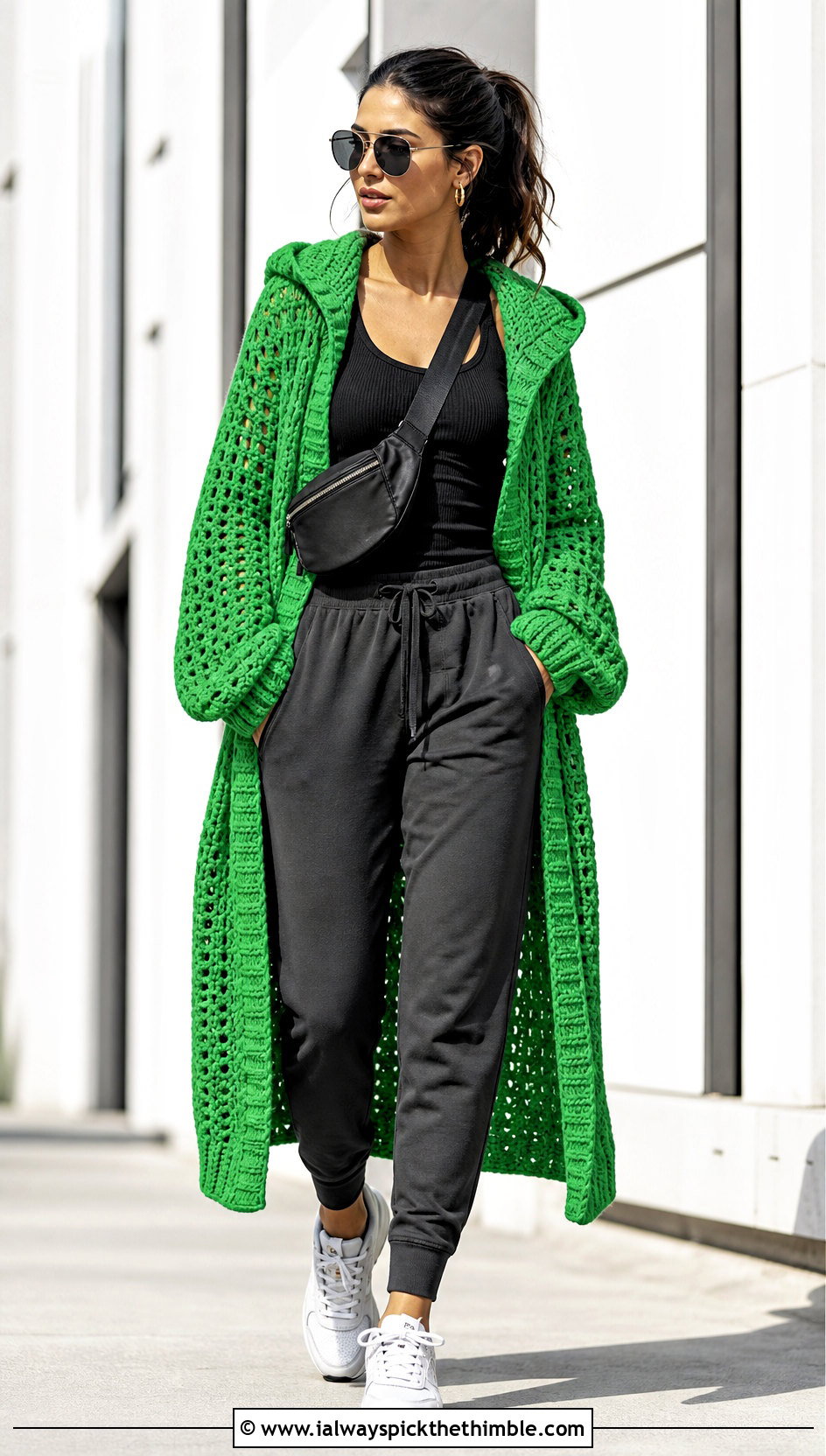 Hooded Long Crochet Duster With Joggers - 20 Long Crochet Duster outfit ideas
