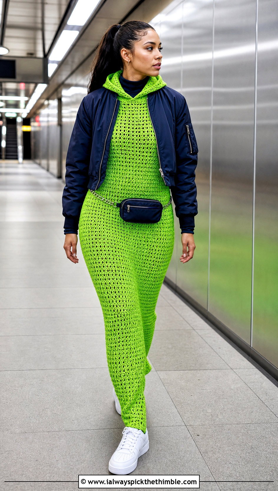 Hooded Long Sleeve Crochet Dress With Bomber Jacket - 25 long sleeve crochet dress outfit ideas