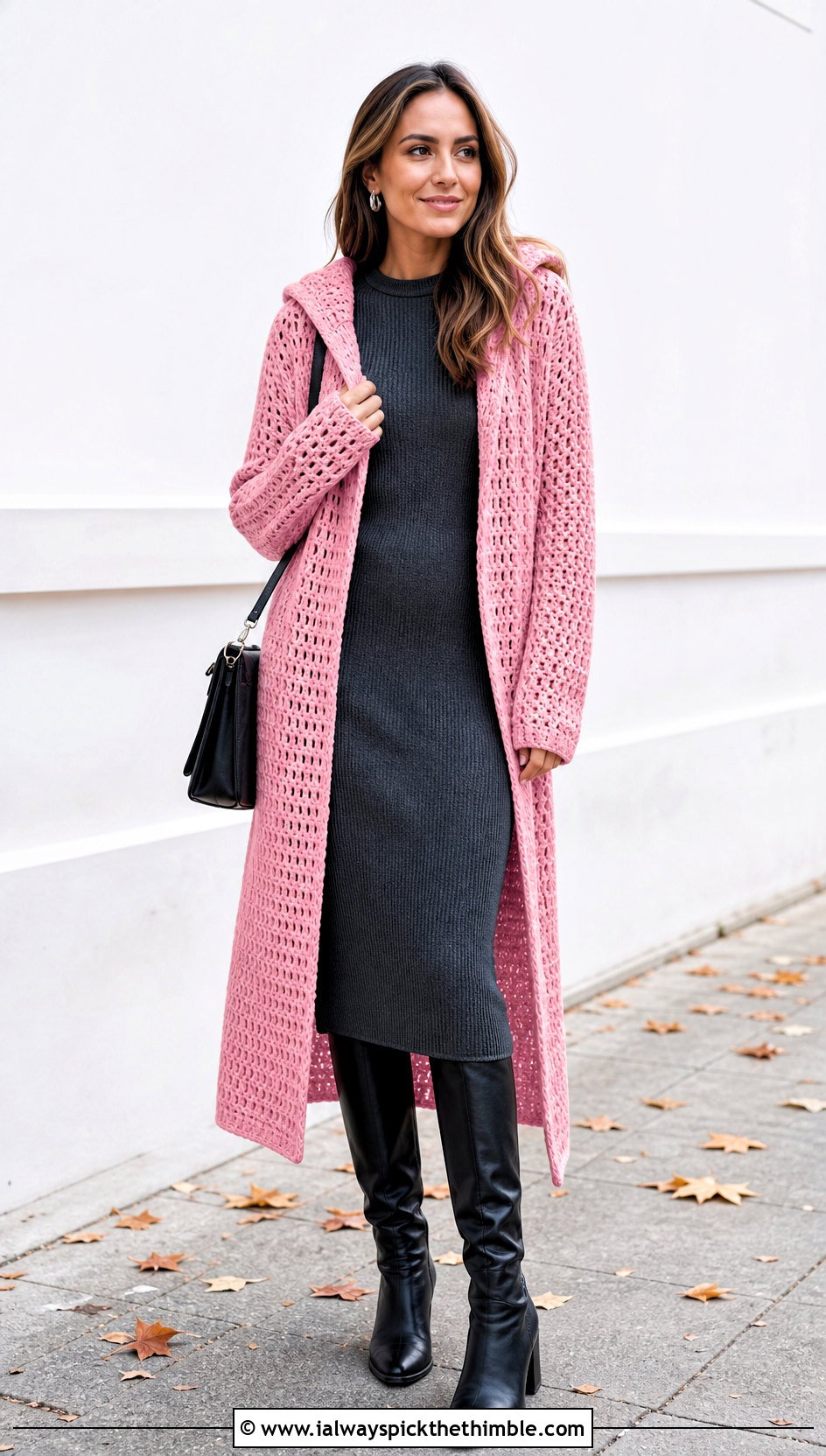 Hooded Longline Crochet Blanket Cardigan With Midi Dress - 25 crochet blanket cardigan outfit ideas