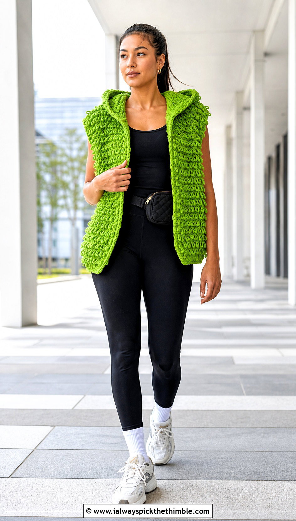 Hooded Loopy Crochet Vest With Leggings - 15 loopy crochet vest outfit ideas