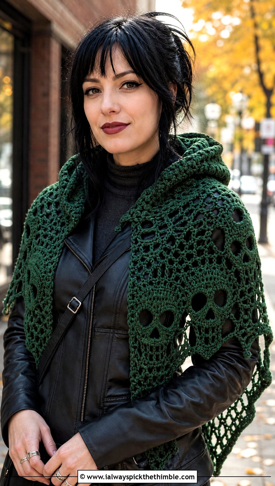 Hooded Lost Souls Shawl With Leather Jacket - 25 crochet lost souls shawl outfit ideas
