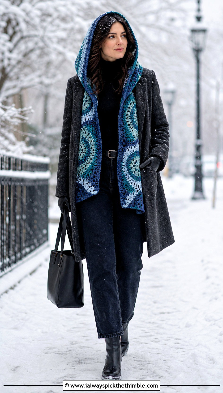 Hooded Mandala Yarn Crochet Shawl With A Wool Coat - 15 Crochet Shawl Mandala Yarn outfit ideas