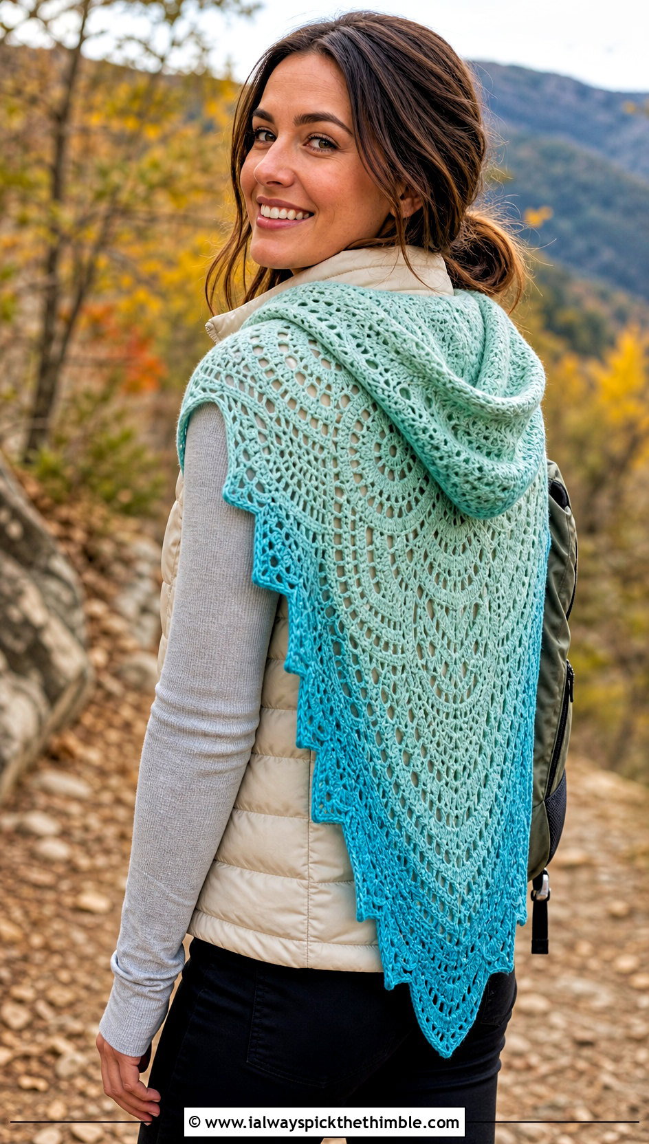 Hooded Mandala Yarn Crochet Shawl With Puffer Vest - 20 Mandala Yarn Crochet Shawl outfit ideas