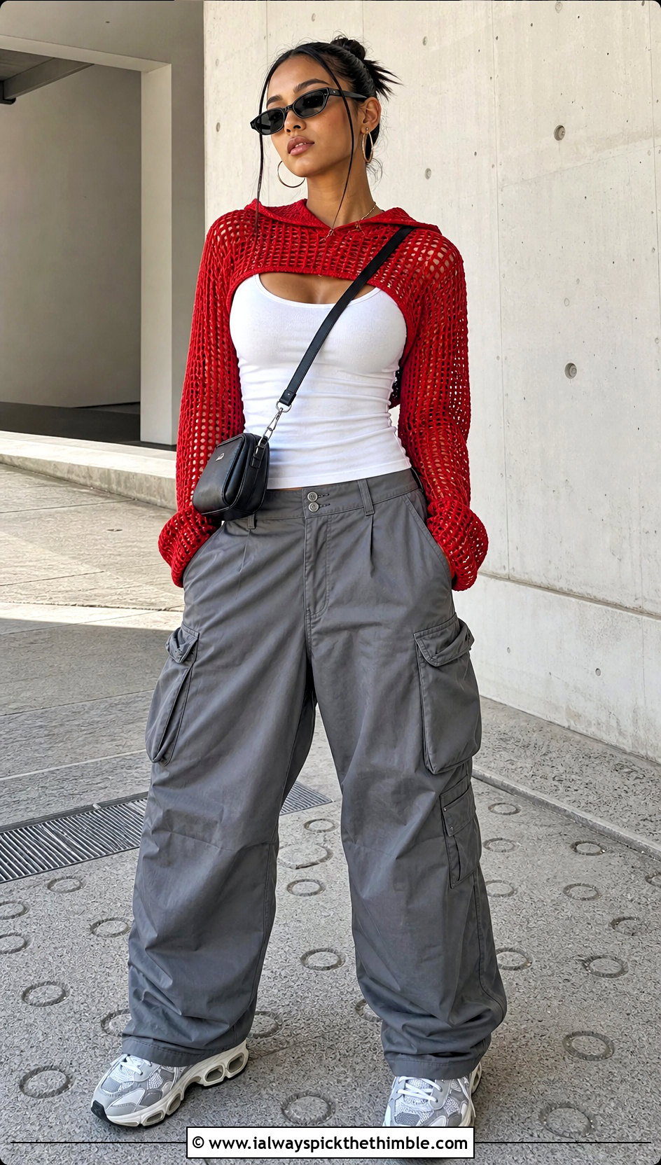 Hooded Mesh Bolero With Cargo Pants - 25 crochet shrug bolero outfit ideas