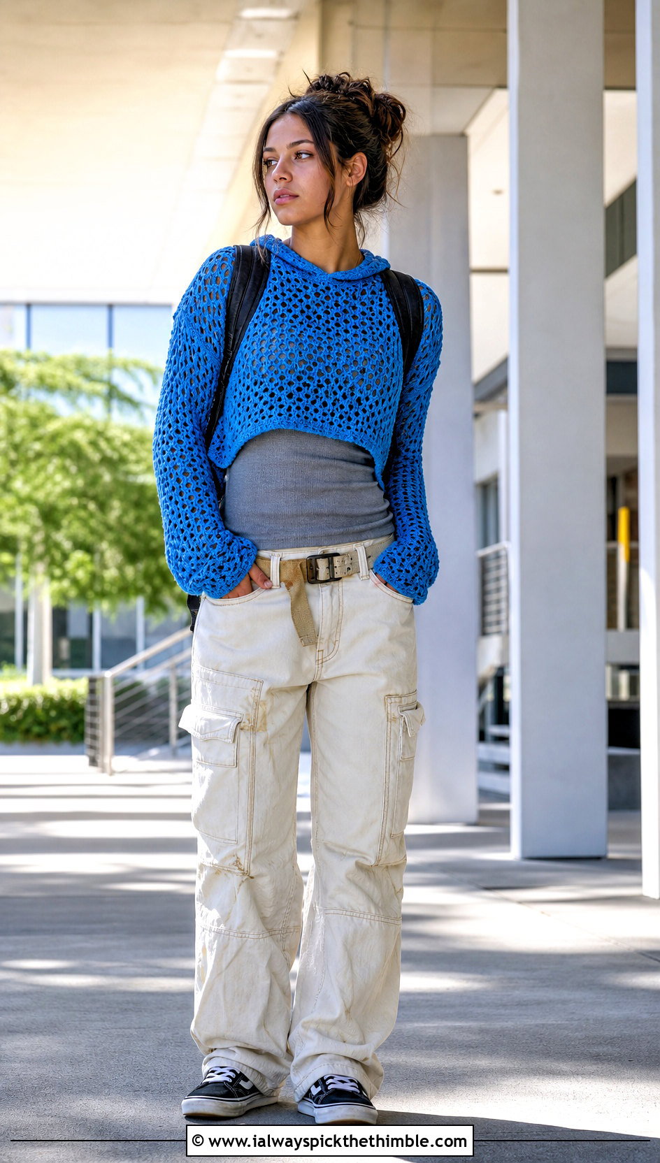 Hooded Mesh Crochet Grunge Top With Cargo Jeans - 20 crochet grunge top outfit ideas
