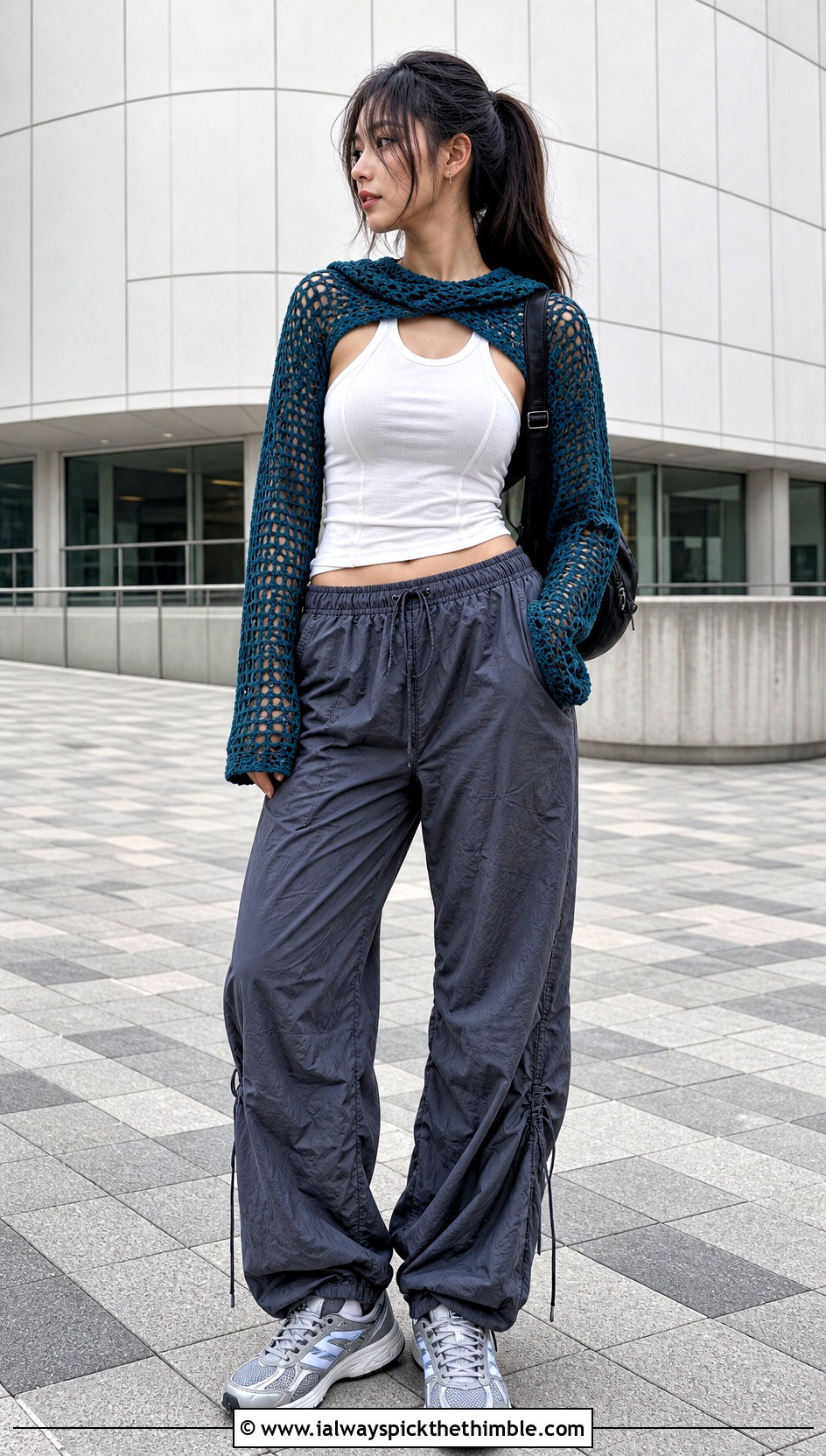 Hooded Mesh Crochet Long Sleeve Shrug With Parachute Pants - 20 crochet long sleeve shrug outfit ideas