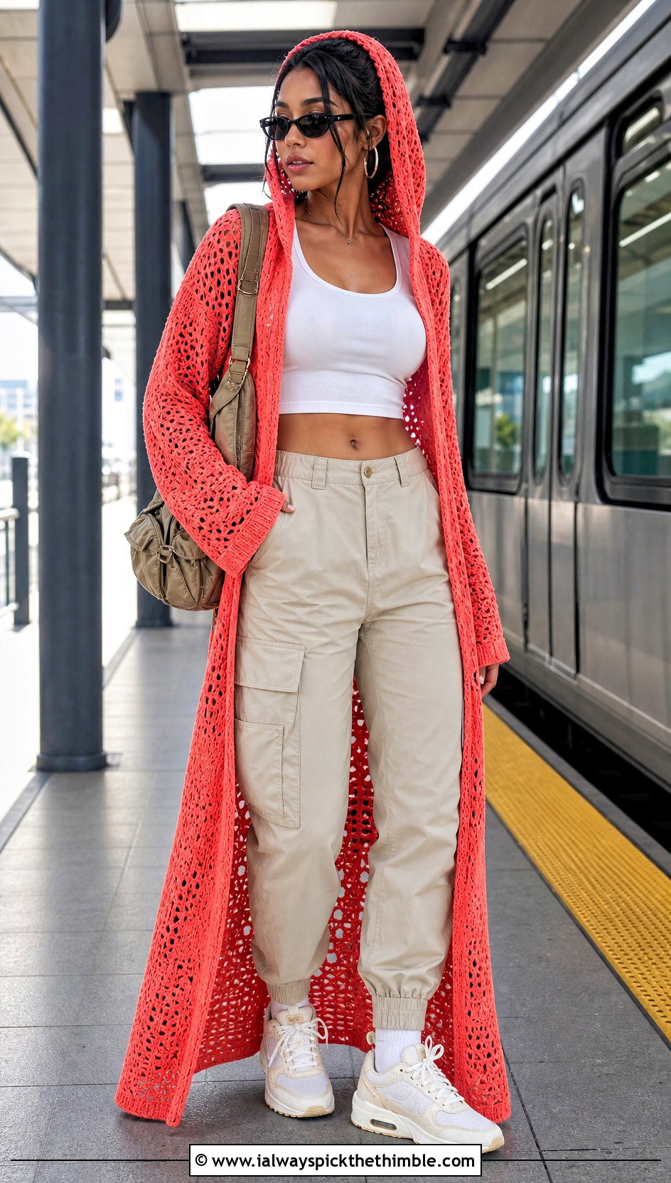Hooded Mesh Crochet Maxi Dress With Cargo Pants - 20 mesh crochet dress outfit ideas