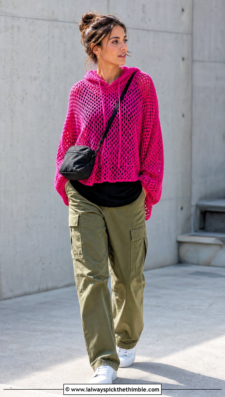 Hooded Mesh Crochet Poncho With Cargo Pants - 20 Mesh Crochet Poncho outfit ideas