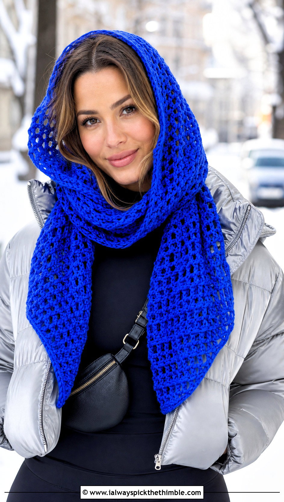 Hooded Mesh Crochet Scarf With Puffer Jacket And Leggings - 20 Mesh Crochet Scarf outfit ideas