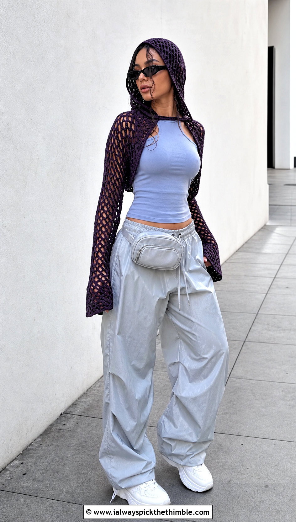 Hooded Mesh Crochet Sleeve Top With Parachute Pants - 25 crochet sleeve top outfit ideas