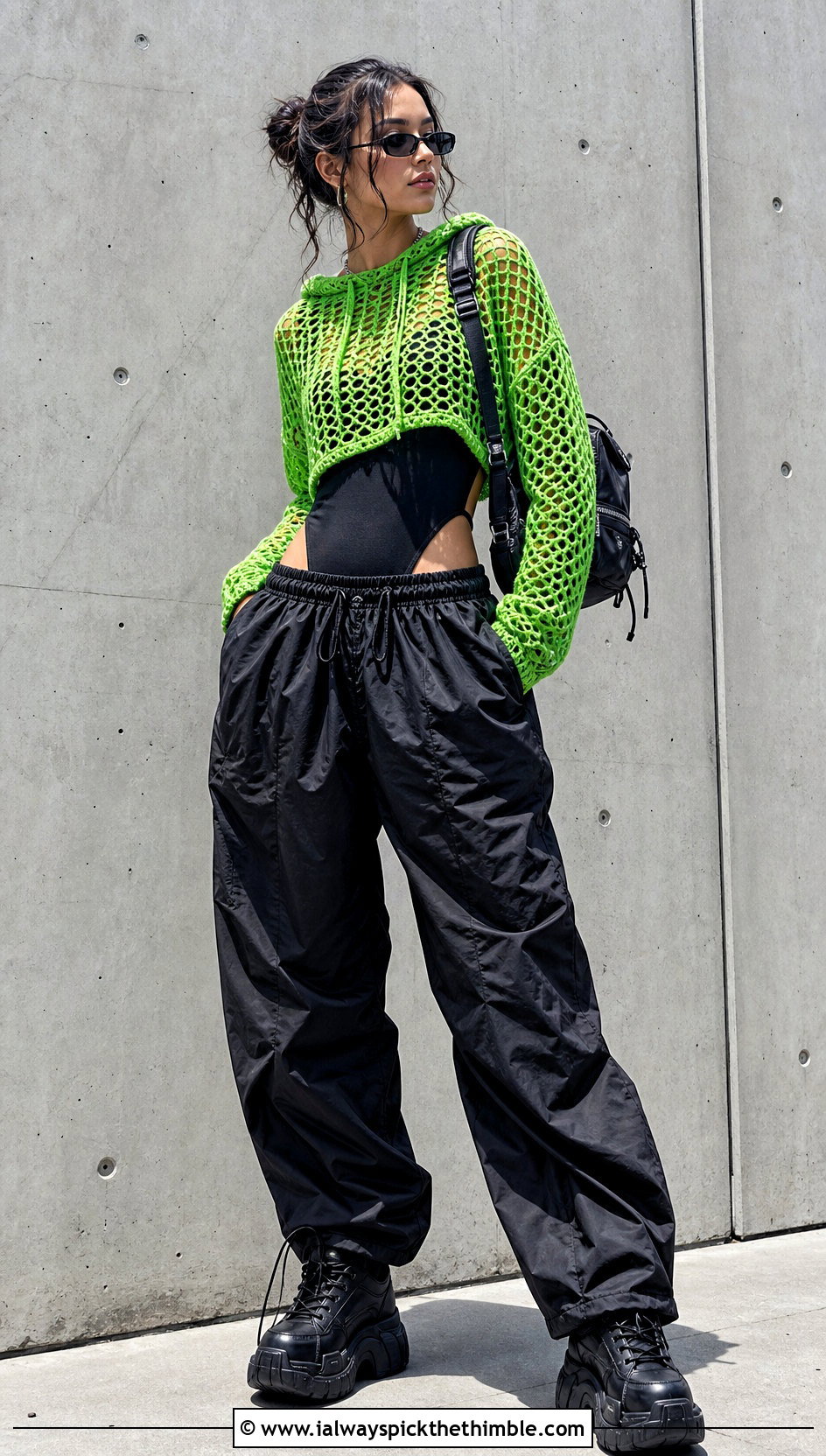 Hooded Mesh Crochet Sweater With Parachute Pants - 20 goth crochet sweater outfit ideas