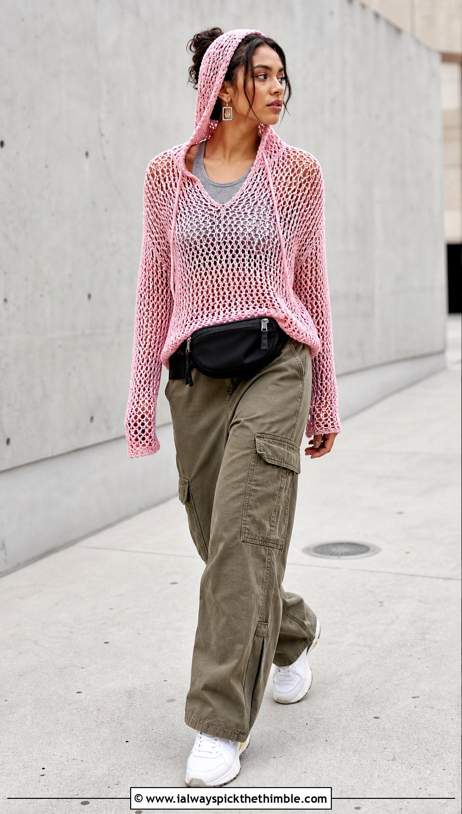 Hooded Mesh Lacy Crochet Sweater With Cargo Pants - 20 Lacy Crochet Sweater outfit ideas