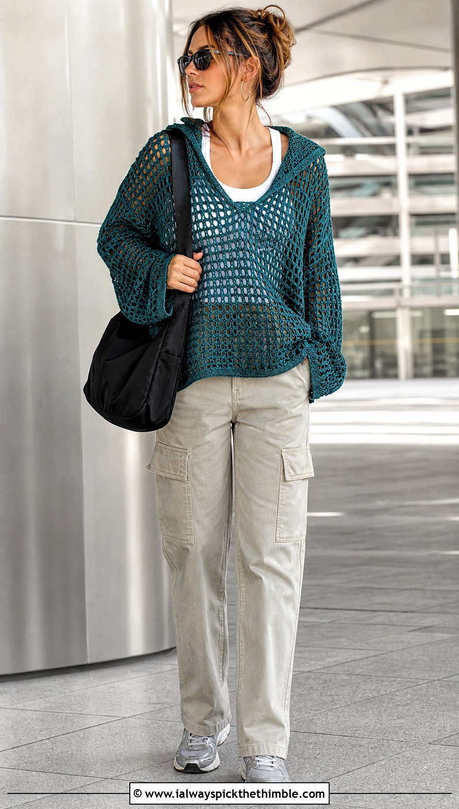 Hooded Mesh Oversize Crochet Sweater With Cargo Pants - 15 Oversize Crochet Sweater outfit ideas