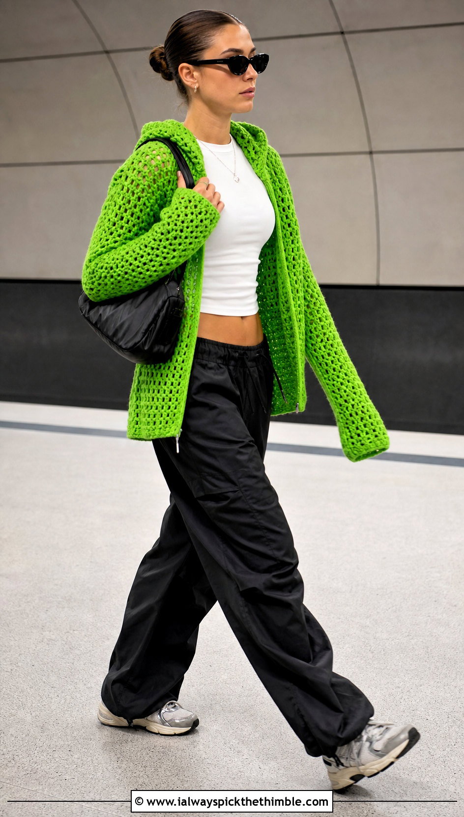 Hooded Miu Miu Crochet Cardigan With Parachute Pants - 20 Miu Miu Crochet Cardigan outfit ideas