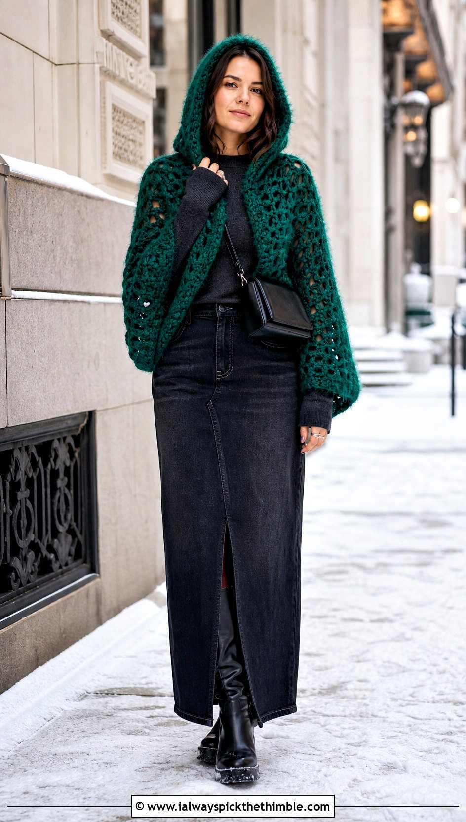 Hooded Mohair Crochet Shrug With Denim Maxi Skirt - 20 mohair crochet shrug outfit ideas