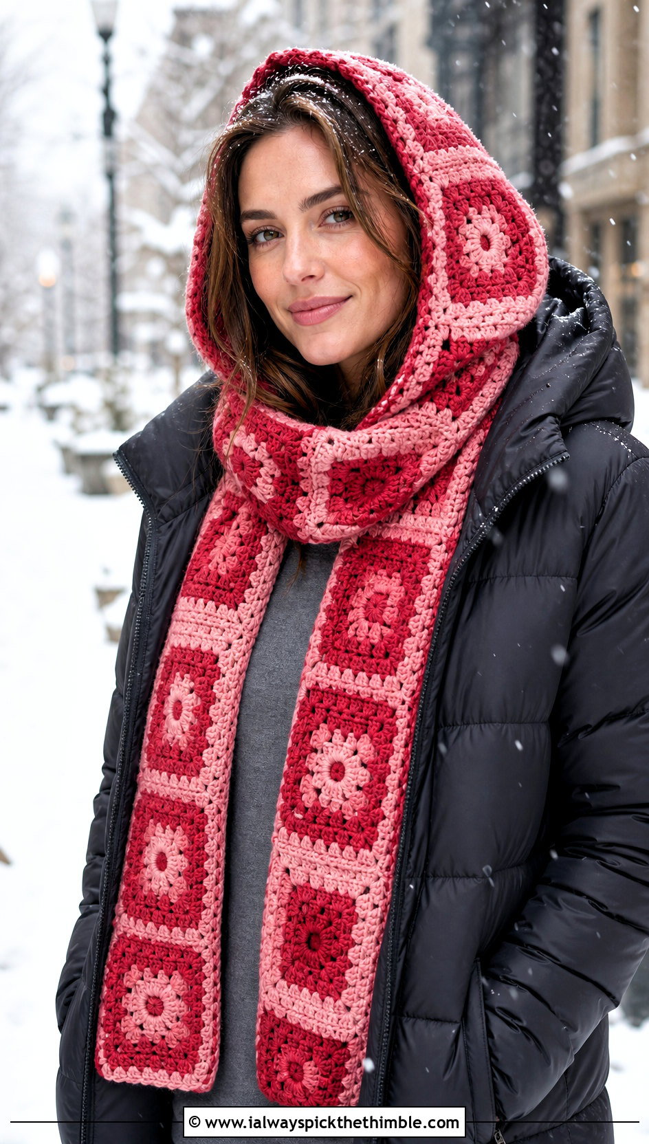 Hooded Mosaic Crochet Scarf With Long Puffer Coat - 20 Mosaic Crochet Scarf outfit ideas
