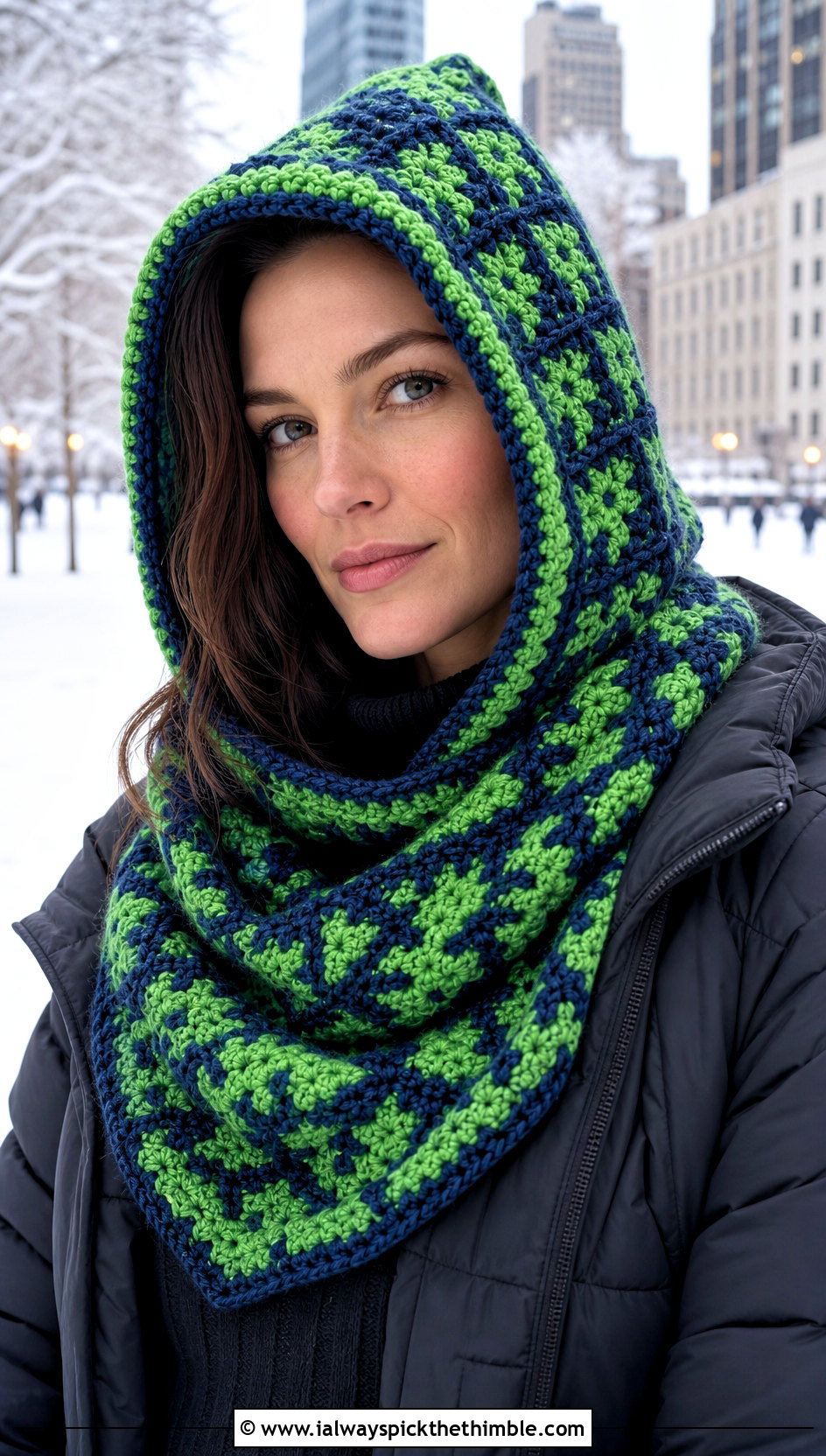 Hooded Mosaic Crochet Shawl With Puffer Coat And Winter Boots - 20 mosaic crochet shawl outfit ideas