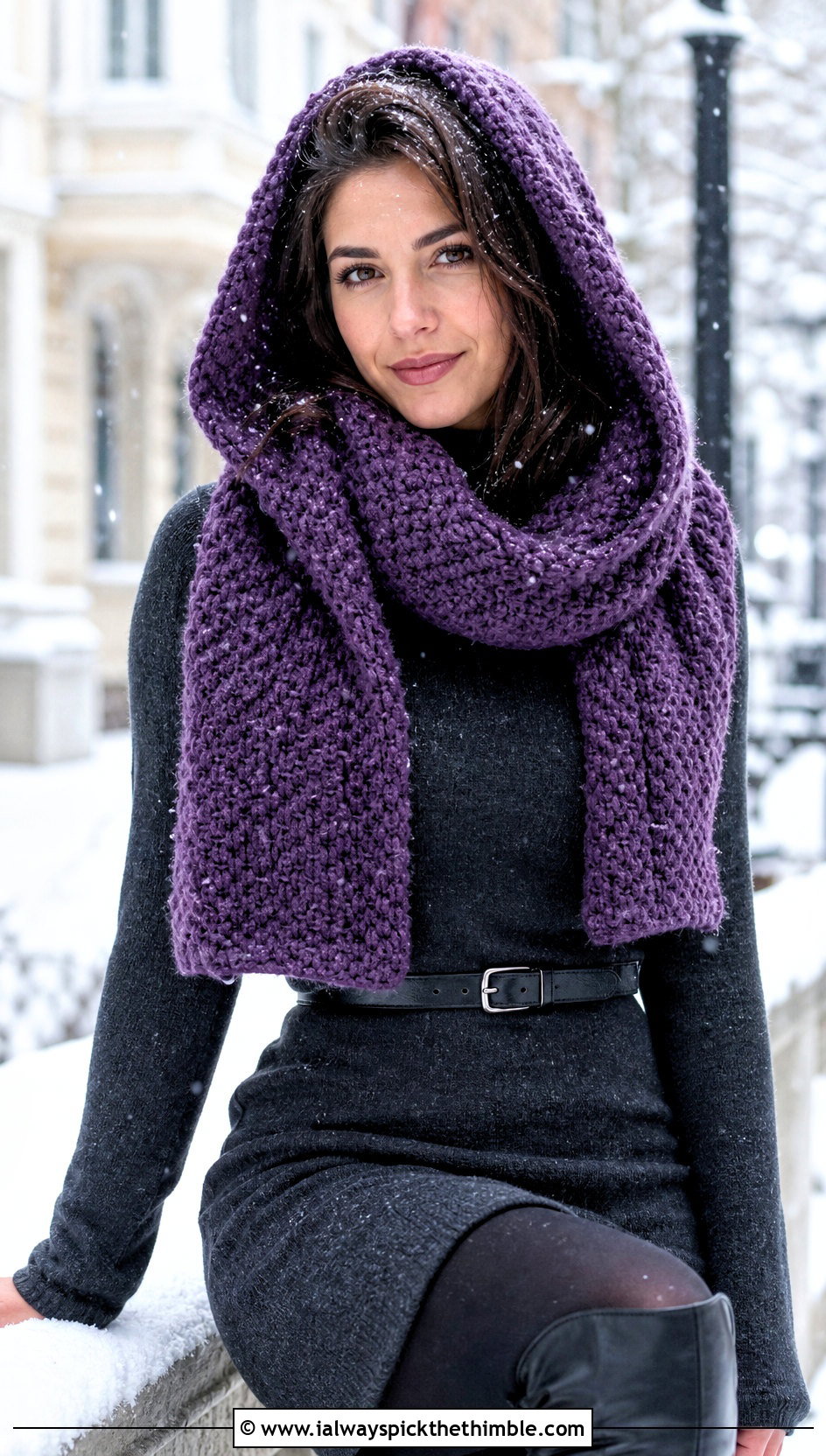 Hooded Moss Stitch Scarf With A Sweater Dress - 25 crochet moss stitch scarf outfit ideas