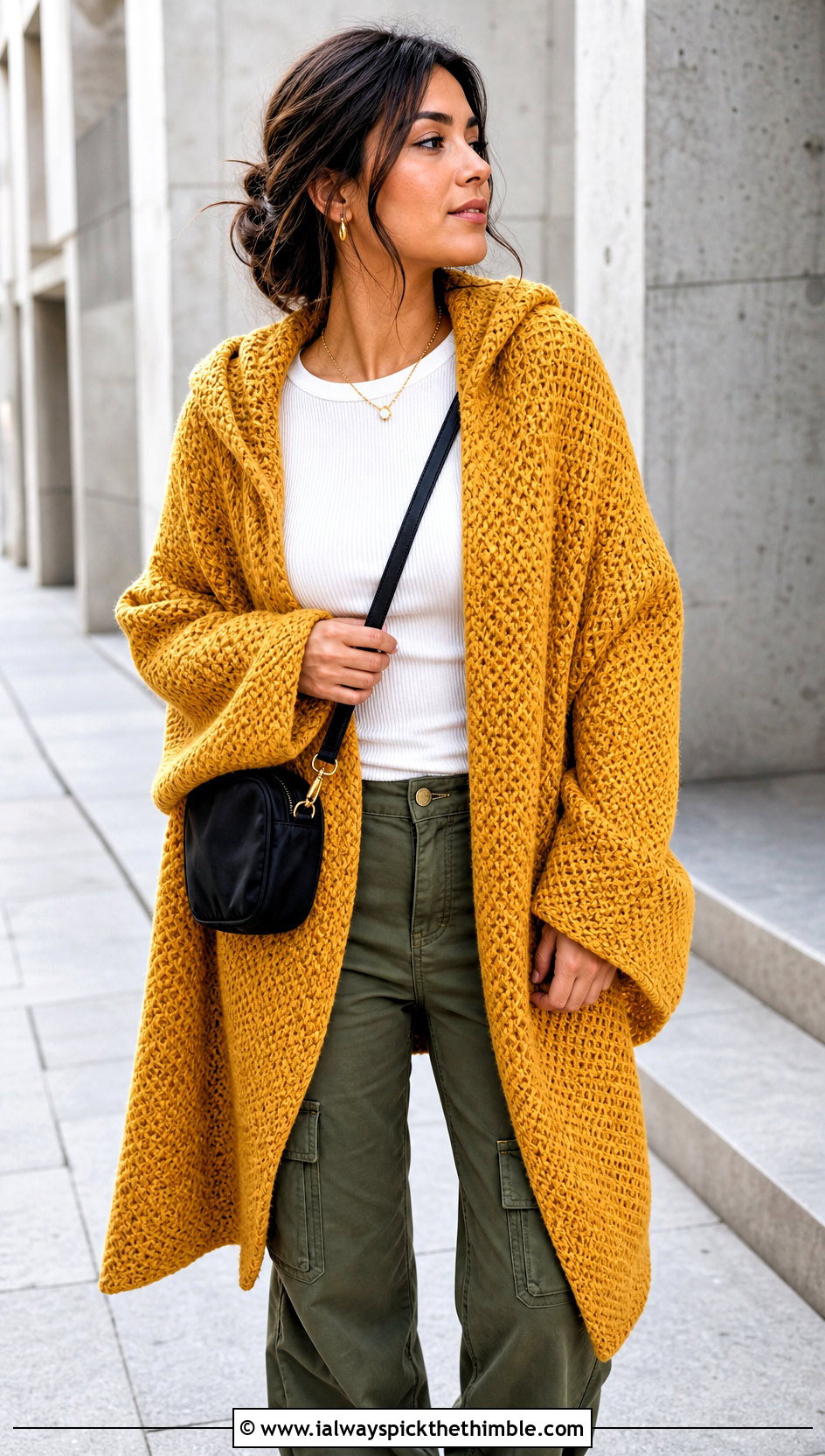 Hooded Moss Stitch Shawl With Cargo Pants - 20 Crochet Moss Stitch Shawl outfit ideas