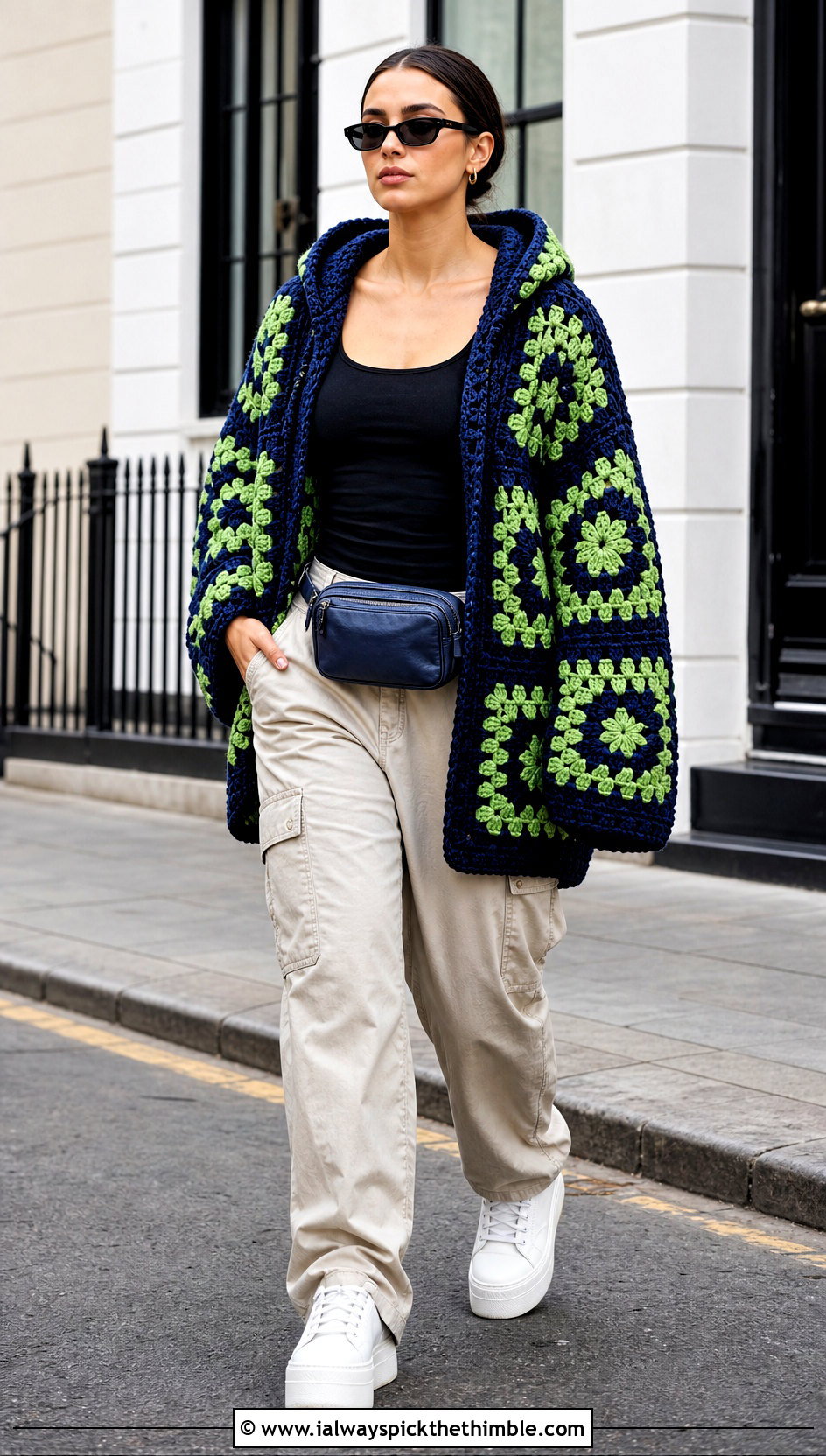 Hooded Multicolor Big Granny Square Cardigan With Cargo Pants - 25 Big Granny Square Cardigan outfit ideas