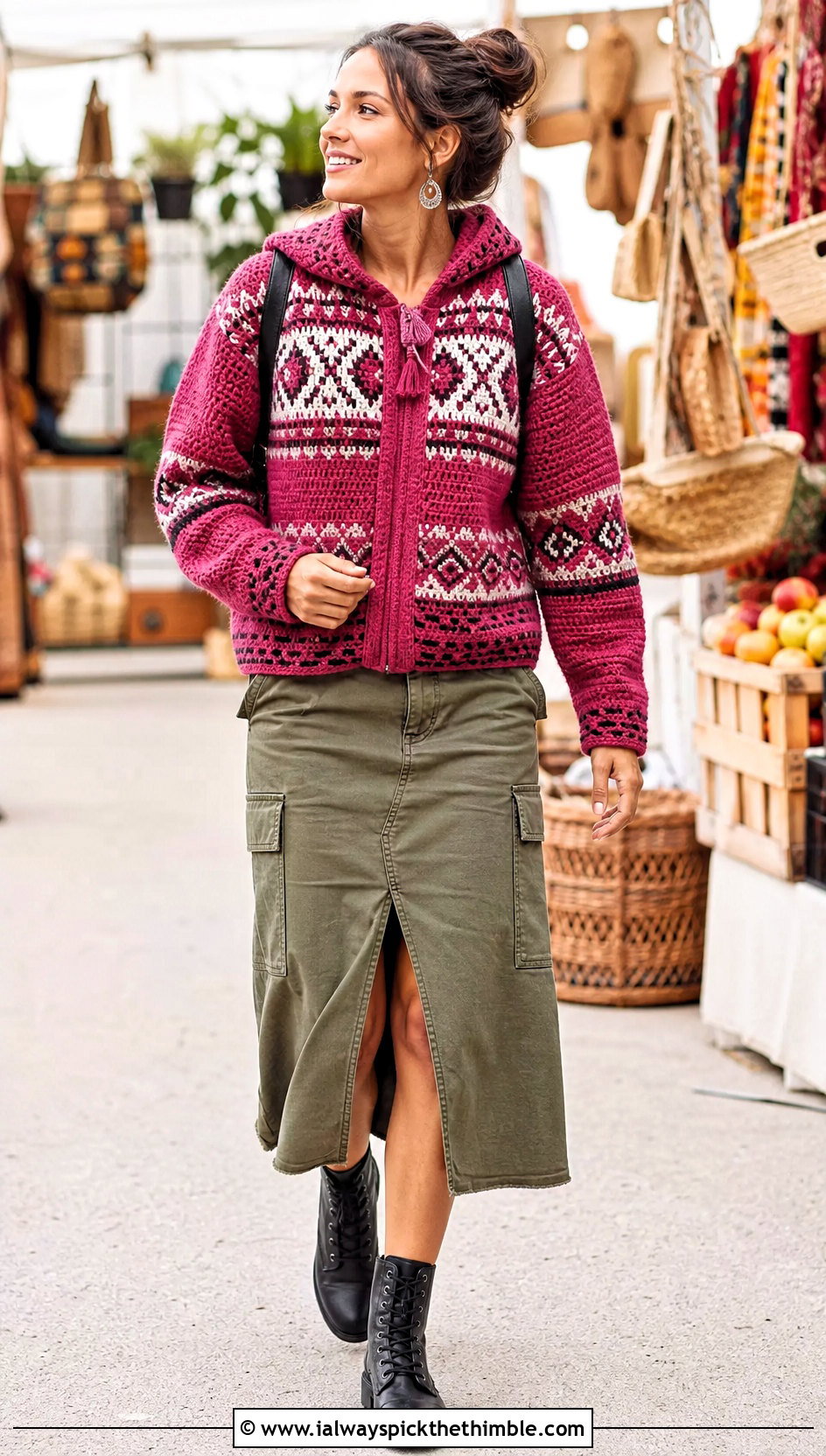 Hooded Norwegian Crochet Sweater With Utility Midi Skirt - 20 Norwegian Crochet Sweater outfit ideas