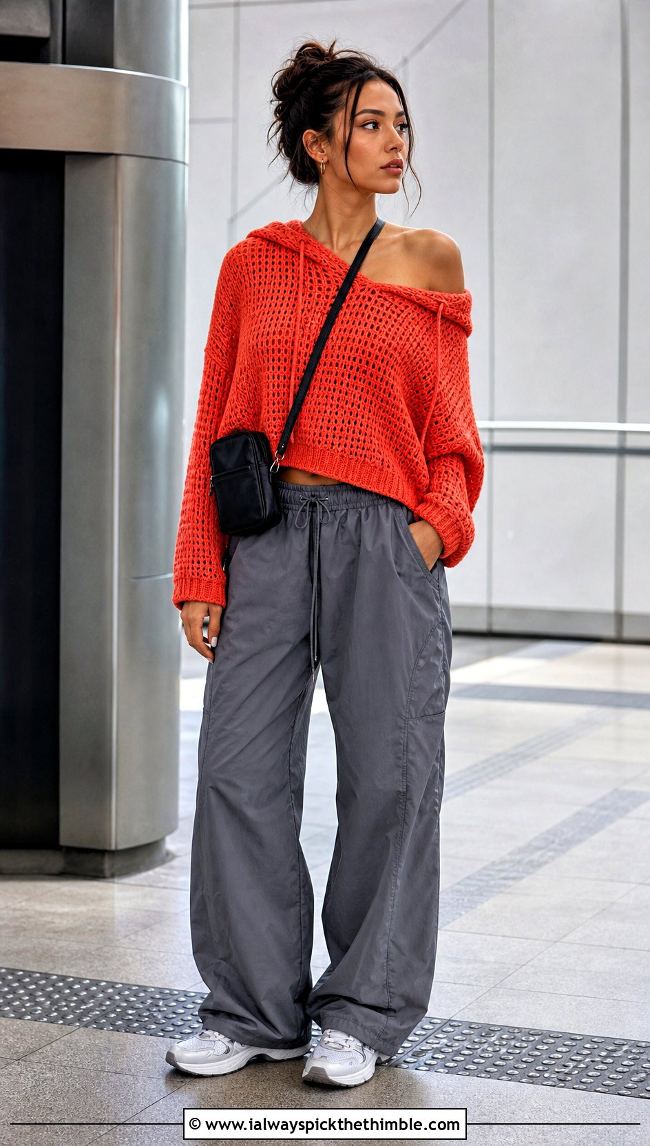 Hooded Off Shoulder Crochet Sweater With Parachute Pants - 25 off shoulder crochet sweater outfit ideas