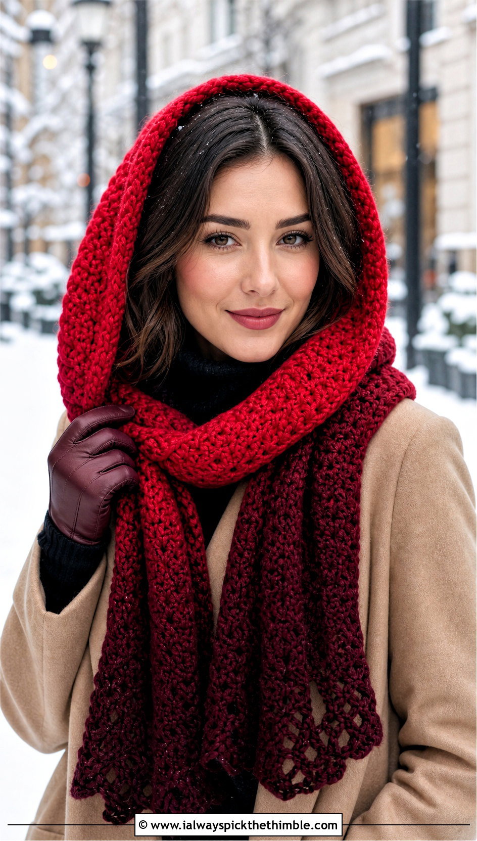 Hooded Ombre Crochet Scarf With Wool Coat - 20 Ombre Crochet Scarf outfit ideas