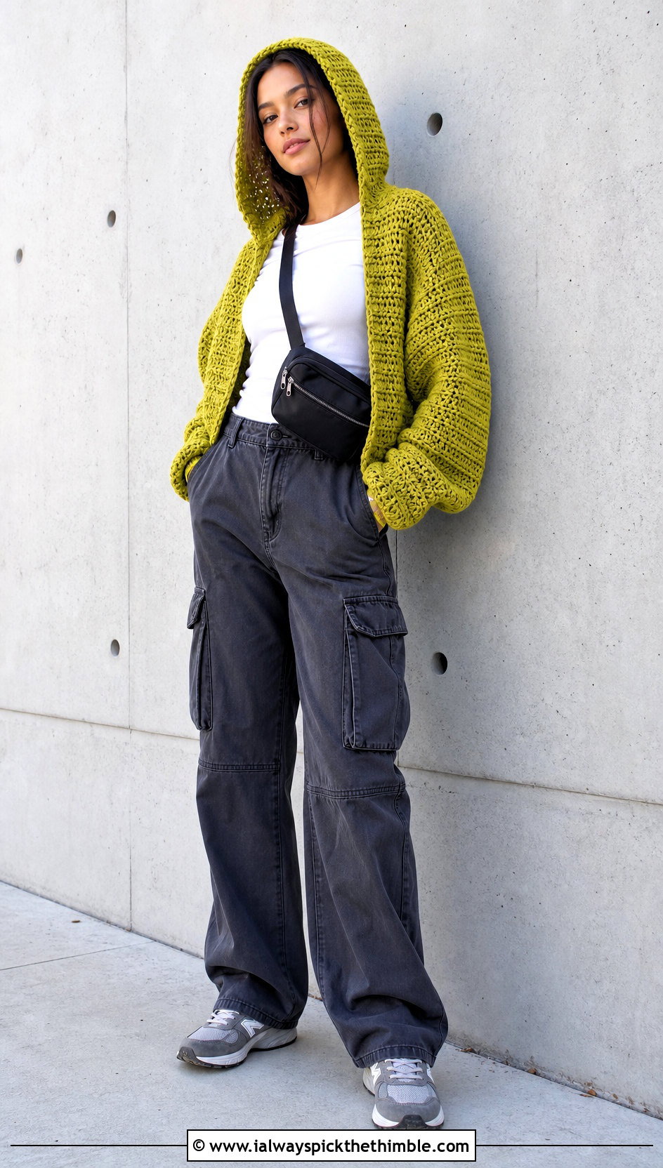 Hooded One Panel Crochet Sweater With Cargo Pants - 20 One Panel Crochet Sweater outfit ideas