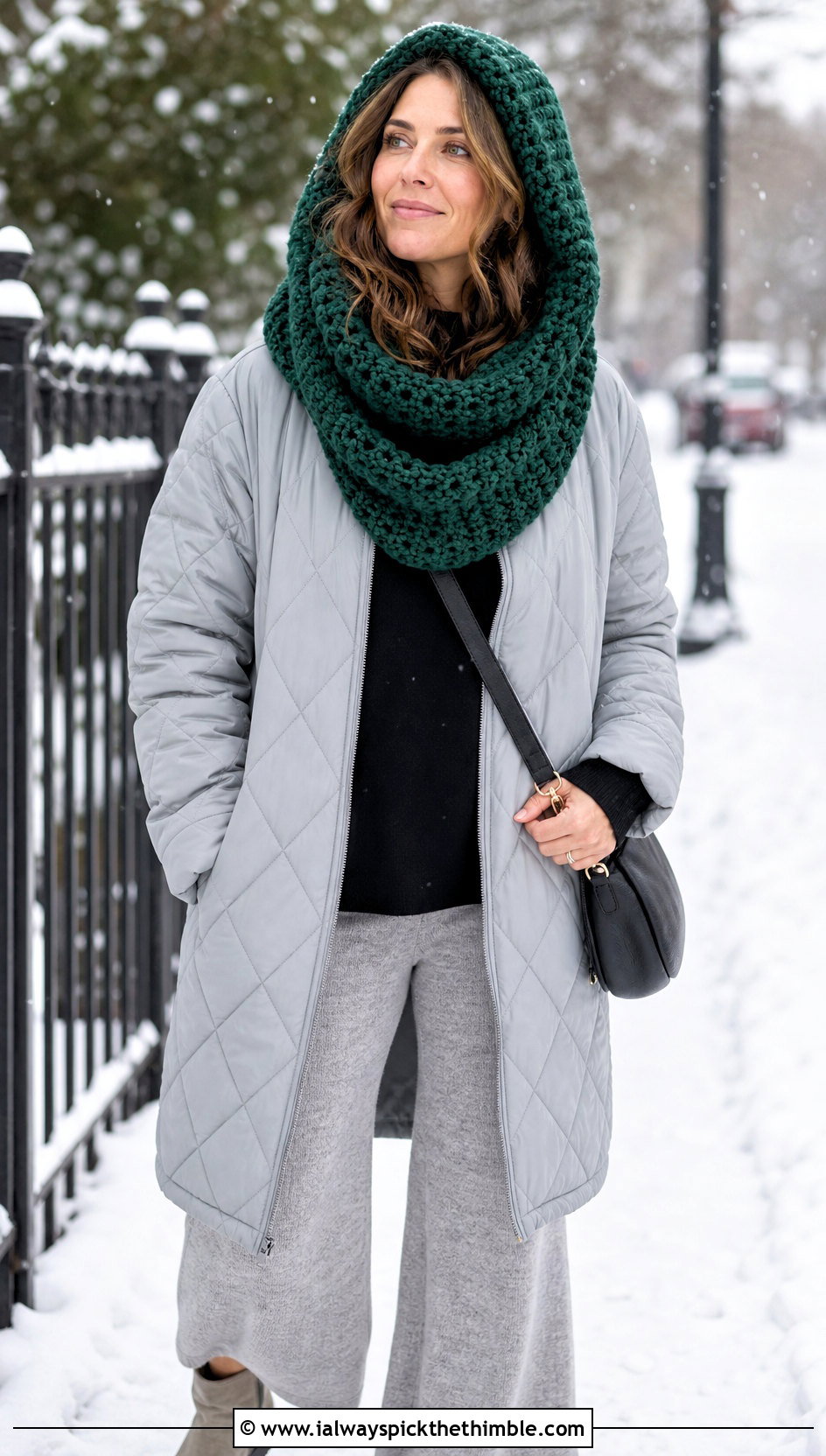 Hooded One Skein Crochet Infinity Scarf With Quilted Coat - 15 One Skein Crochet Infinity Scarf outfit ideas